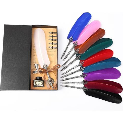 Simple Retro Black Gift Box Feather Pen Student Teacher Writing Stationery Exquisite Suit High Quality Writing Supplies