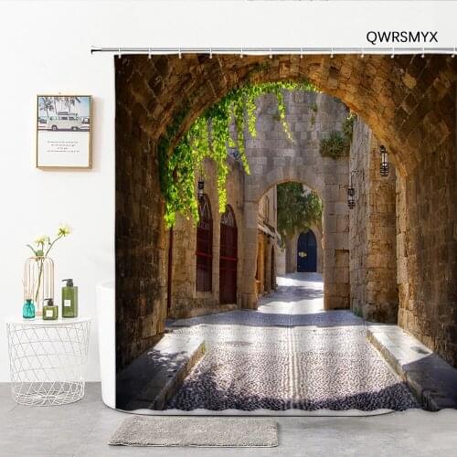 Retro European Town Arches Scenery 3D Bathroom Curtain Oil Painting Landscape Shower Curtains Washable Fabric Bathroom Products