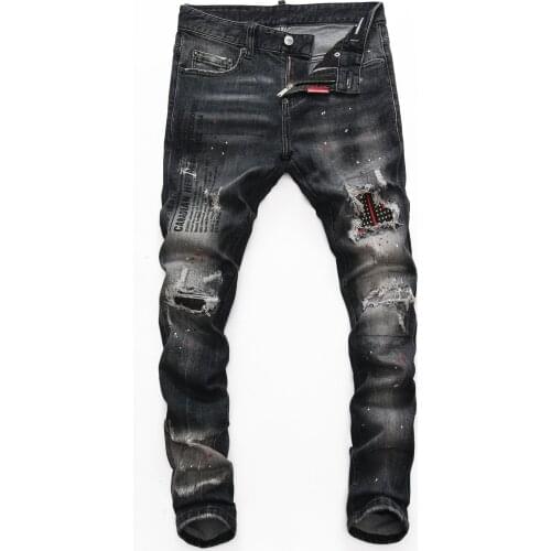 SEVEYFAN 2021 Mens Punk Beads Painted Jeans Black Skinny Patchwork Denim Pants for Male