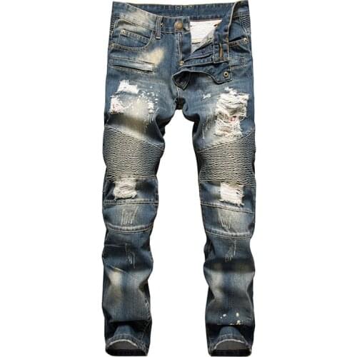 Tide High Strees Motorcycle Jean Trousers Men Vintage Slim Denim Pleated Biker Jeans Male Washed Ripped Jeans Plus Size 28-42