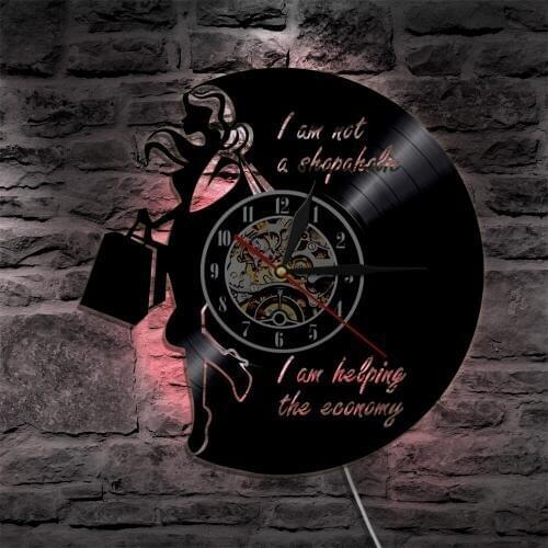 I Am Not A Shopaholic I Am Helping The Economic LED Lamp Vinyl Record Wall Clock Fashion Beautiful Girl Modern Wall Lamp
