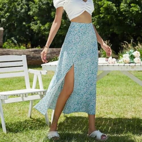 Women Sexy Split Midi Skirt Summer Casual Fashion Floral High Waist A-line Skirt Summer Female Ladies Boho Style Sundress New