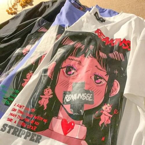 Summer new Korean personality short-sleeved T-shirt streetwear dark cartoon printing loose casual O-neck top y2k women T-shirt