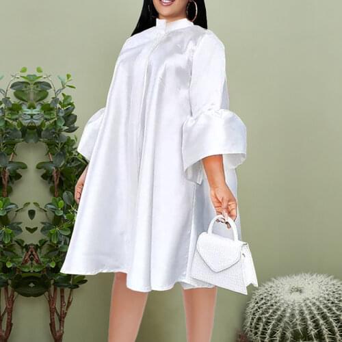 White Loose Shirt Dress Women Office Flare Sleeve Midi Dresses Casual Womens Robe Mandarin Collar Single Breasted Autumn Tunic