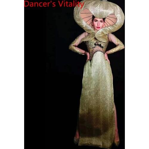 Women Singer DJ Host Stretch Mesh Shine Diamond Sequin Long Sleeve Slim Fit Sexy Split Dress Pole Jazz Dance Performance Costume