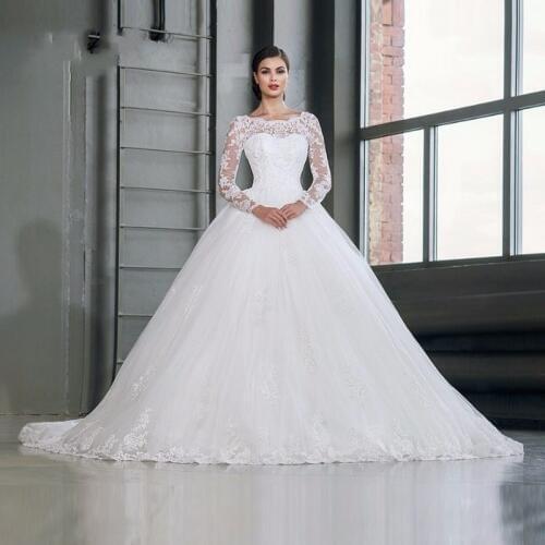 Robe De Mariage 2021 Vintage Applique Wedding Dresses With Long Sleeves Organza Ball Gown Lace Up Back Bridal Dress
