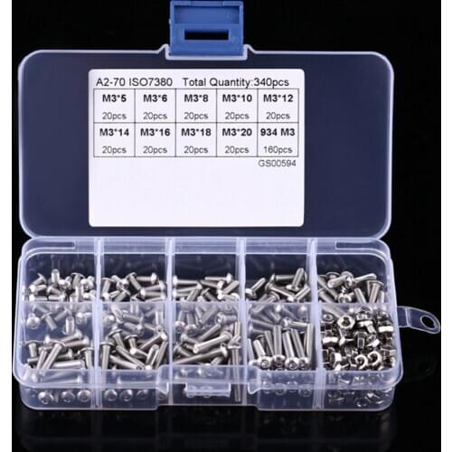 340pcs M3 Hex Socket Screw Nut Stainless Steel M3 Screws Nuts Assortment Kit Fastener