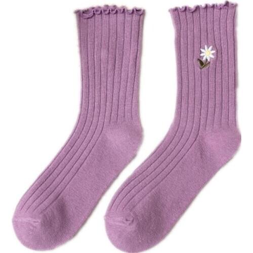 5/8 Pairs Fashion Wrinkle Cuff Women Cotton Embroidery Summer Ankle Socks Mustard Purple Girls Daisy Embroidered Ankle Socks