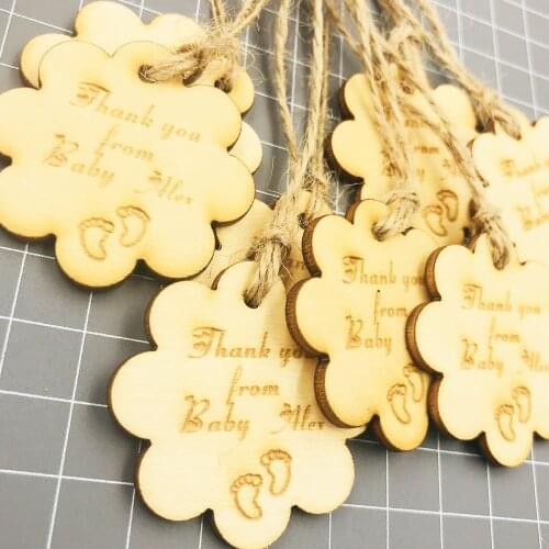 50pcsPersonalized custom Engraved wedding Baby shower wood Wedding Gift Tags+Jute String ,Thank you baby shower flower wood Tags