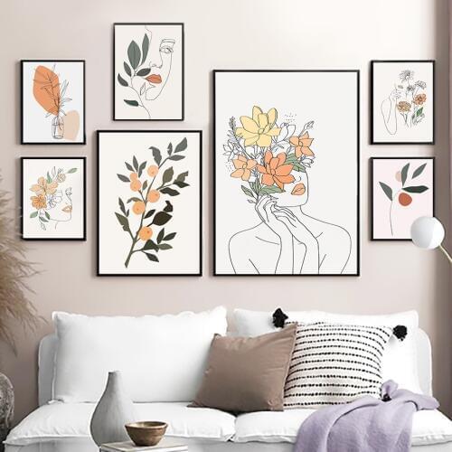 Abstract Flower Woman Face Line Orange Wall Art Canvas Painting Nordic Posters Prints Wall Pictures For Living Room Home Decor