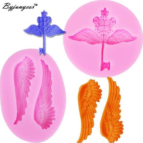 Byjunyeor C134 2PCS Epoxy Resin Silicone Mold Small Angel Wings &Key chocolate Candy cake decorating tools DIY baking cooking