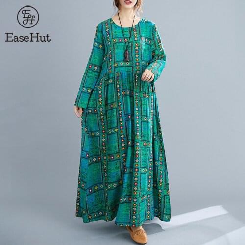 EaseHut Women Vintage Printed Dress Autumn Spring Long Sleeve Dresses O Neck Maxi Dress Robe Female Long Dress vestidos mujer