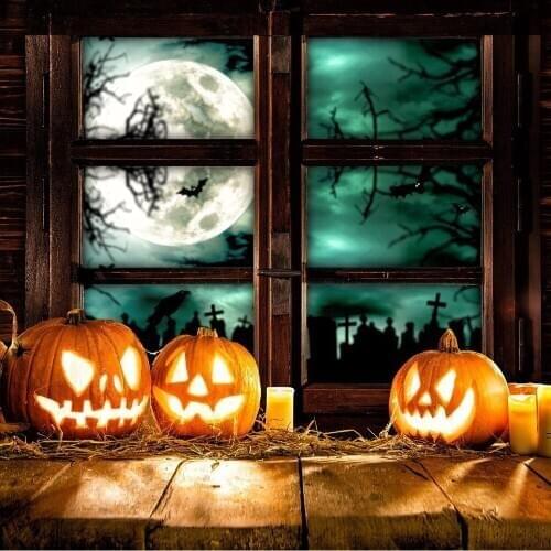 Wooden Window Halloween Photo Backdrops Printed Pumpkin Lanterns Full Moon Baby Kids Photography Studio Backgrounds Wood Floor