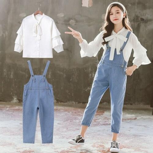 Korean Childrens Clothing Girls Suspenders Suit Spring and Autumn 10years 12years White Shirt Overalls Casual Suit KF1113