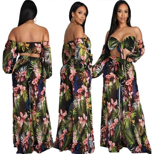 Sexy Multicolor Ptinting Two-piece Suit Three Quarter Sleeve Breast Wrap Bandage Tank Tops High Waist Wide-leg Pants Women Suit