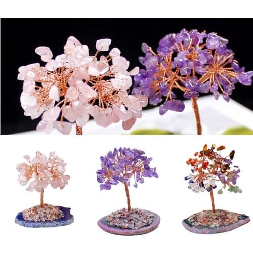 Mini Crystal Money Tree Copper Wire Wrapped With Agate Slice Base Chakra Amethyst Gemstone Trees Feng Shui Home Decor Luxury