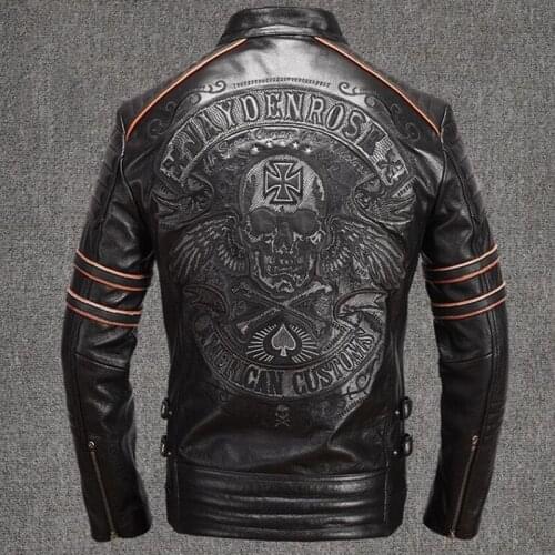 2020 Men Black Skull Embroidery Motorcycle Jacket Real Thick Cowhide Slim Fit XXXXL Russian Leather Coat FREE SHIPPING