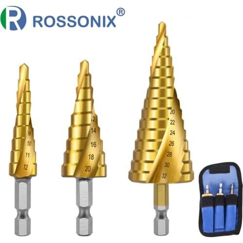ROSSONIX 4-12MM 4-20MM 4-32MM Hex Spiral Step Drill Bit Set HSS Titanium Coated Metal Wood Hole Cutters Power Tools Woodworking