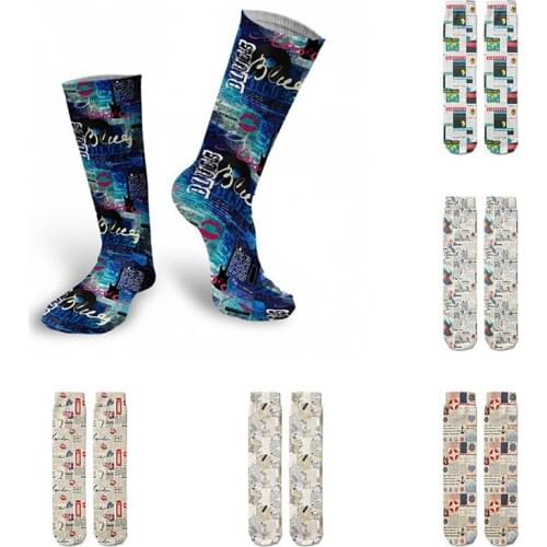 Retro English Women Knee Cotton Socks Men Comic Letter Newspaper Pattern Casual Socks Spring Autumn Harajuku Street Sock Female