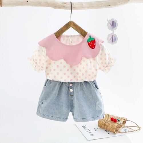 Toddler Girls Clothing Summer Baby Cotton Set Dot Lotus Leaf Collar T-Shirt + Shorts 2 PCS Children Dress 1 2 3 4 Years
