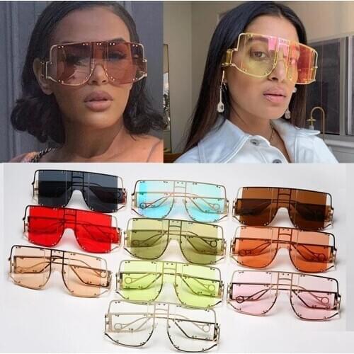 Wholesale Rivet Square Sunglasses Women Men Oversized Metal Shades Ocean Lens Big Frame Clear Sunglasses Female Bulk Oculos