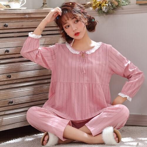 Pajamas WomenS Red Models Long-Sleeved Spring Autumn Can Wear Outside Sweet Cute Japanese Loose Cotton And Linen Nighties