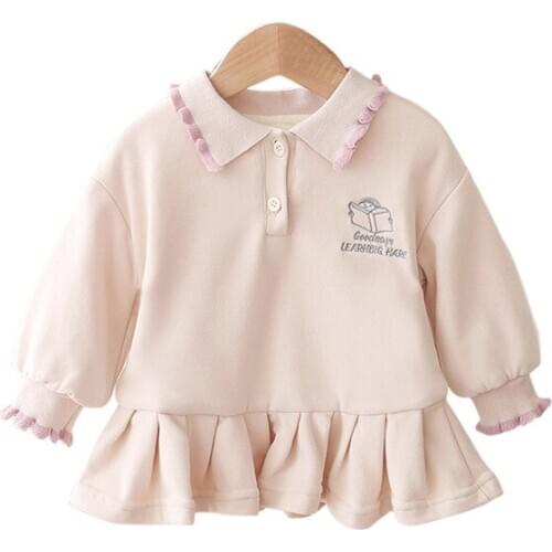 Girls Button-Down Collar Thick Fleece Winter Long Sleeve Solid Color Pullover Hoodies Loose Fit Flowers Side Dress Hoodies