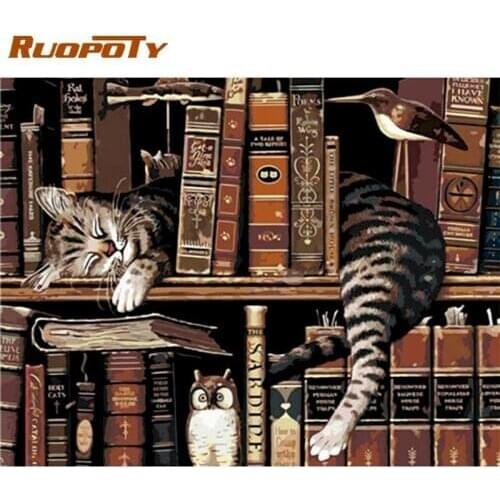 RUOPOTY Cats In Bookshelf Animal Diy Oil Painting By Numbers Kits Handmade Home Living Room Decoration Artcraft 40x50cm Framed