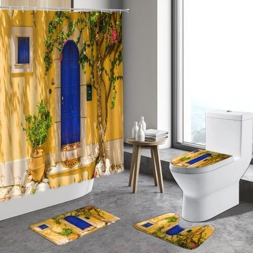 Greek Town Flower Street View Shower Curtains Vintage Wooden Door Window Bathroom Set Non-slip Carpet Toilet Cover Bath Mats Rug