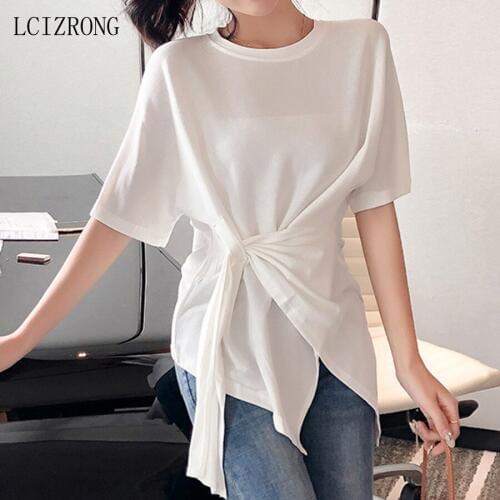 Summer Personality Bandage Irregular Tshirt Women Casual O Neck Short Sleeve Loose T Shirt Black White Long Tee Female