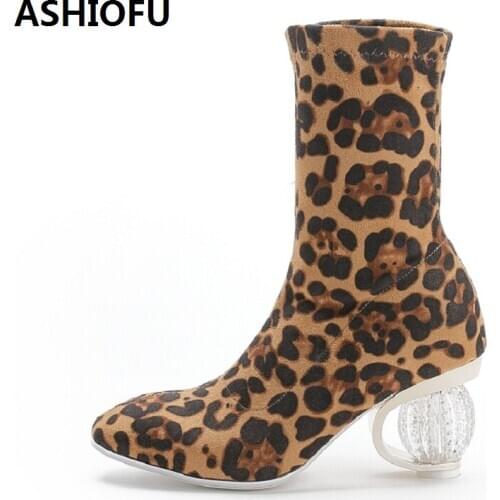ASHIOFU New Sexy Women Ankle Boots Leopard Night Club Party Prom Short Boots Crystal Heel Fashion Dress Evening Boots Shoes