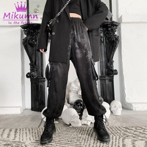 Harajuku Retro Dragon Printed Cargo Pants Women Side Pocket Loose Elastic High Waist Trousers Unisex Pants Black