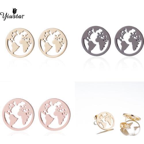 Yiustar Trendy Stainless Steel World Map Stud Earrings Fashion Sweet Ear for Travel gift Vintage Earth Atlantic Female Jewelry