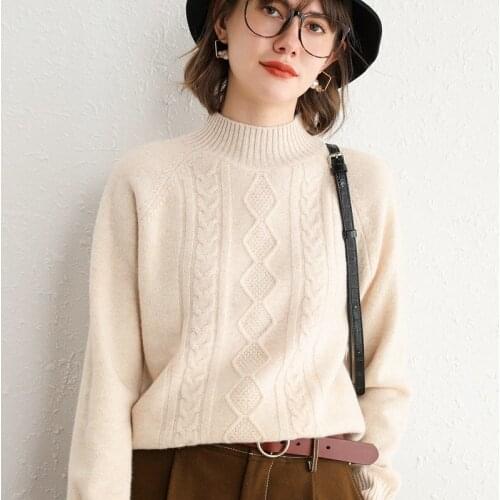 New autumn and winter womens knitted Cashmere sweater pullover 100% wool half high collar solid color top thickening and warmth