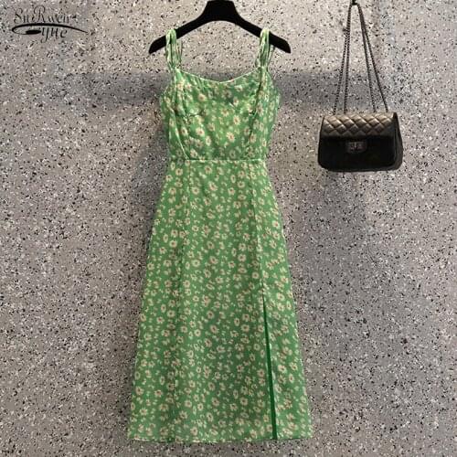 Elegant French Style New Summer Dress Women Sleeveless A-line Camisole Dresses Split Daisy Print Dress Vestido Feminino 15103