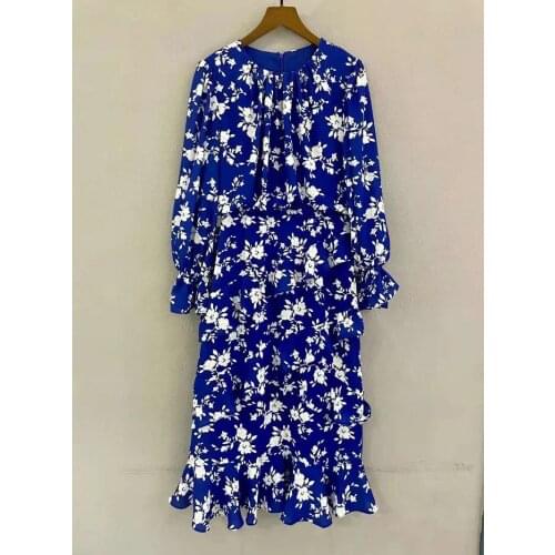 High Quality New Celebrity Style Dress 2021 Autumn Women Vintage Floral Print Cascading Ruffle Patchwork Long Sleeve Blue Dress