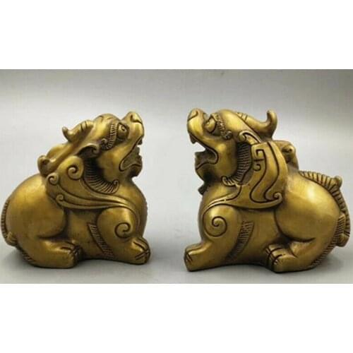 1Pair Chinese Fengshui Bronze Lovable Animal Guardion PIXIU Statue