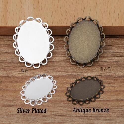 100pcs copper silver plated antique bronze double lace oval tray 13x18mm 18x25mm bezel blank pendant base cabochon settings