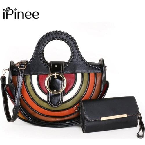 IPinee 2pcs/Set Vintage Women Handbags PU Leather Colorful Bag Money Clutch Designer Shoulder Bags Large Tote And Purse For Lady