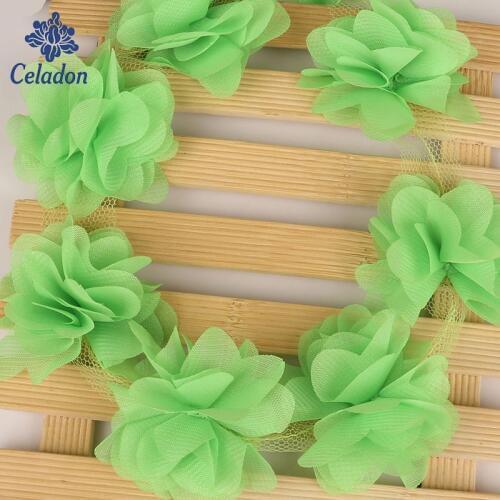 2yards 3D Light Green Chiffon Cluster Flowers Lace Dress Decoration Lace Applique Trimming Sewing Supplies