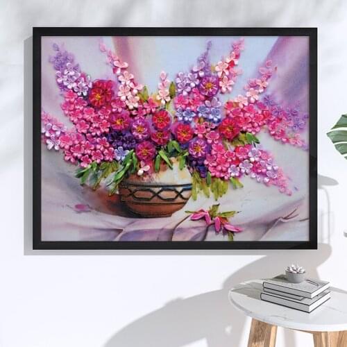 3D Flower Vase Ribbon Embroidery Pink Daisy Handcraft Needlework Kits Print Cross Stitch DIY Handmade Wall Painting Craft C-0216
