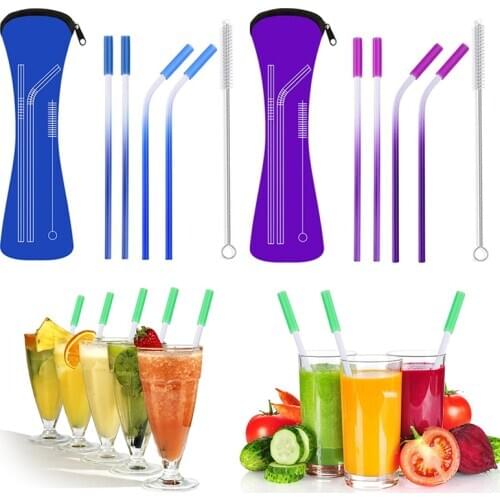 4PCS/Set Gradient Color Stainless Steel Metal Drinking Beer Straw Party Gradient Straw With Anti-Scratch Silicone Head Bags