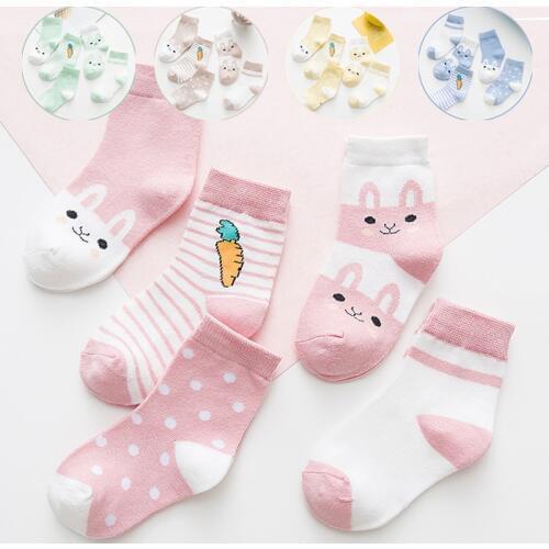 5 Pairs/Lot Cotton Kids Socks Breathable Cartoon Rabbit Carrot Cute Baby Boys Girls Socks for 0-9 Years