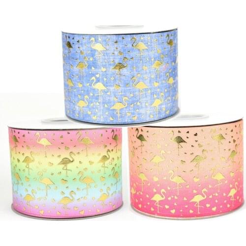 50yards 75mm Gold Foil Flamingo hearts Grosgrain Ribbon For DIY Accessories Welcome Custom printed