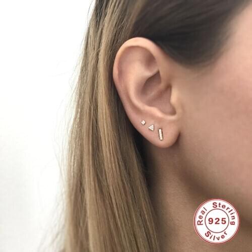 GS 925 Sterling Silver Mini Geometric Stud Earrings Square Rectangle Triangle Long Bar Zircon Ear Studs Fine Jewelry Gift 3PCs