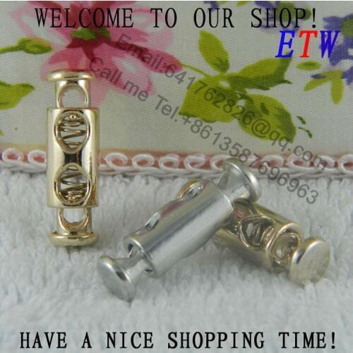 Free shipping 2 holes with 2 ends metal cord lock, gold and silver black nickle 50pcs/lot, spring stopper, cord stopper