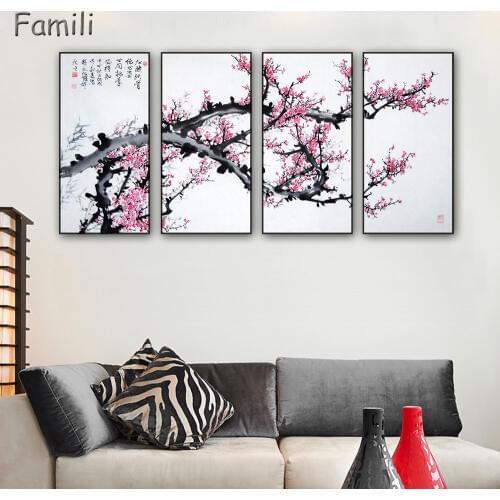 Unframed 4pcs Red Plum Blossom Flowers Wall Pictures For Living Room Large HD Wall Art Canvas Modular Pictures Oil Painting