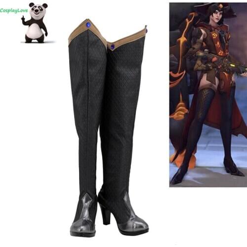 CosplayLove OW Game Devils Heart Ashe Black Silver Cosplay Shoes Boots For Christmas Halloween