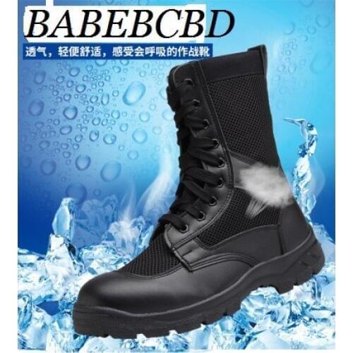 Summer Men Worker Military Boots Special Forces Leather Combat Outdoor Training Mesh Ultra-Light Breathable Security Guard Shoes