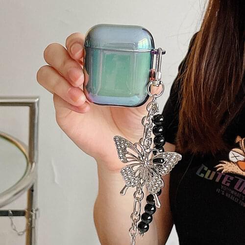 Funda For Apple Airpods 1 2 Cover Plating Beads Butterfly Keychain Soft Case For Airpod Pro Air pods Earphone Case Accessories